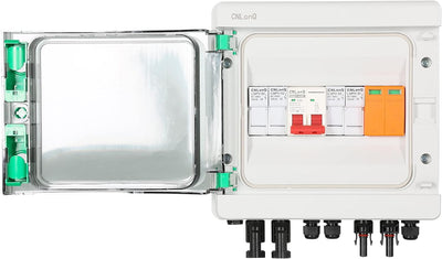 Solar PV Combiner Box,2 in 1 out 2 String Solar Distribution Combiner Box Connector for Solar Panel System,with 32A Photovoltaic DC Isolation Switch Circuit Breaker 40KA Arrester 15A Current Fuse