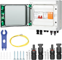 Solar PV Combiner Box,2 in 1 out 2 String Solar Distribution Combiner Box Connector for Solar Panel System,with 32A Photovoltaic DC Isolation Switch Circuit Breaker 40KA Arrester 15A Current Fuse