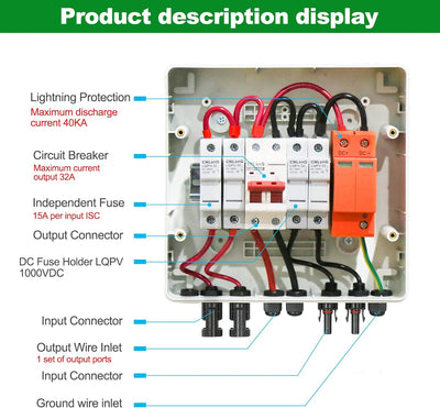 Solar PV Combiner Box,2 in 1 out 2 String Solar Distribution Combiner Box Connector for Solar Panel System,with 32A Photovoltaic DC Isolation Switch Circuit Breaker 40KA Arrester 15A Current Fuse