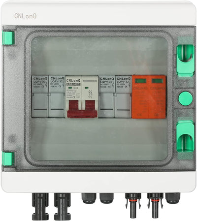 Solar PV Combiner Box,2 in 1 out 2 String Solar Distribution Combiner Box Connector for Solar Panel System,with 32A Photovoltaic DC Isolation Switch Circuit Breaker 40KA Arrester 15A Current Fuse