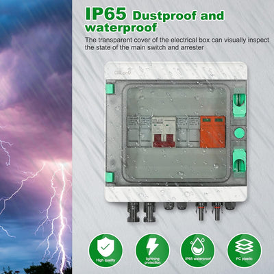 Solar PV Combiner Box,2 in 1 out 2 String Solar Distribution Combiner Box Connector for Solar Panel System,with 32A Photovoltaic DC Isolation Switch Circuit Breaker 40KA Arrester 15A Current Fuse