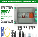 Solar PV Combiner Box,2 in 1 out 2 String Solar Distribution Combiner Box Connector for Solar Panel System,with 32A Photovoltaic DC Isolation Switch Circuit Breaker 40KA Arrester 15A Current Fuse