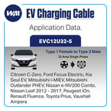 Nissan e-NV200 Combi Compatible Type 1 to Type 2 32-Amp Electric Vehicle Charging Cable EVC12U32-5 - Solarika.co.uk