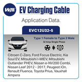 WAI EVC12U32-5 Type 1 to Type 2 32-Amp Electric Vehicle Charging Cable - Solarika.co.uk